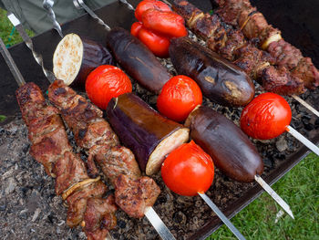 High angle view of vegetables on barbecue