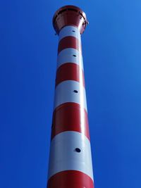 Low angle view of lighthouse against clear blue sky