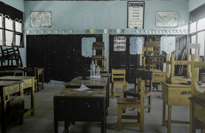 Empty chairs and tables in restaurant