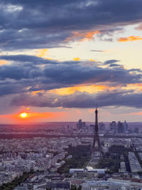 High angle view of cityscape against sky during sunset