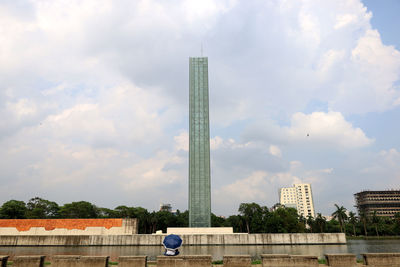 Low angle view of buildings against cloudy sky