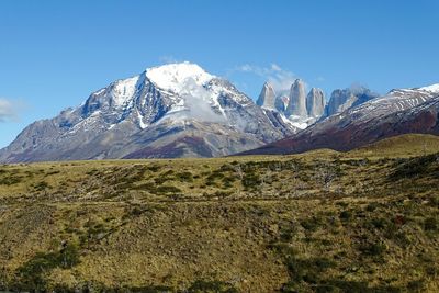 Scenic view of mountains against clear blue sky