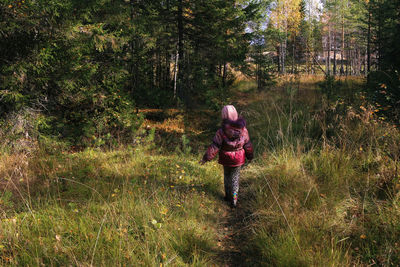 Rear view of woman walking in forest