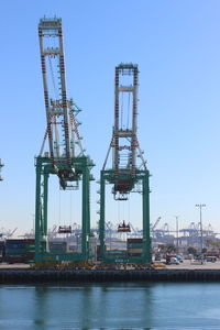 Cranes at commercial dock against sky