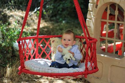 Portrait of boy sitting on swing at playground