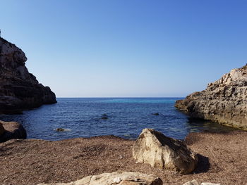 Scenic view of sea against clear blue sky