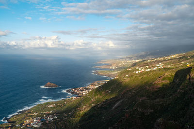 High angle view of sea and mountains against sky