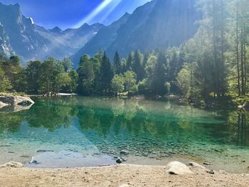 Scenic view of lake by trees against sky