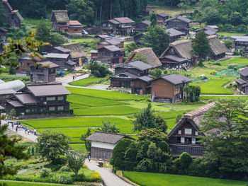 High angle view of houses and buildings in village