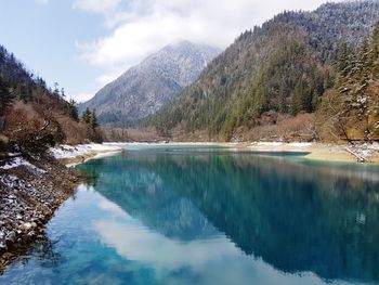 Scenic view of lake by mountains against sky