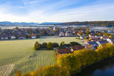 High angle view of townscape against sky