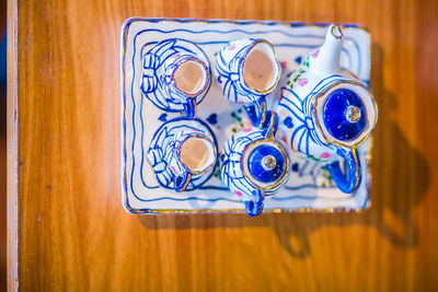 High angle view of glass on table at home