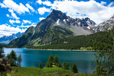 Scenic view of lake against cloudy sky