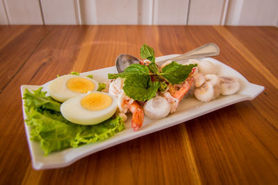 High angle view of food in plate on table