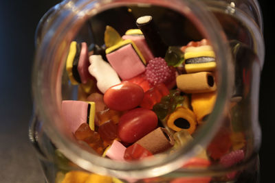 High angle view of colorful candies in jar
