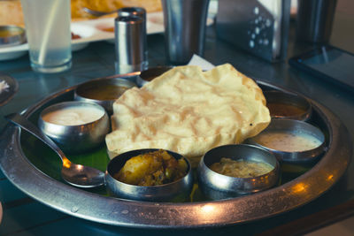 High angle view of food in plate on table