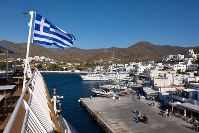 High angle view of boats in bay against clear blue sky