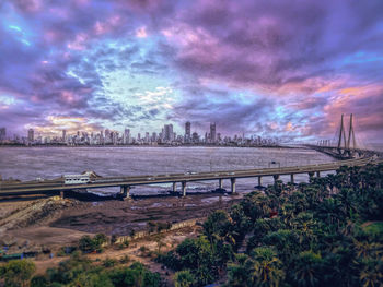 Cityscape against cloudy sky at sunset