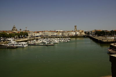 Boats moored in river by buildings against clear sky