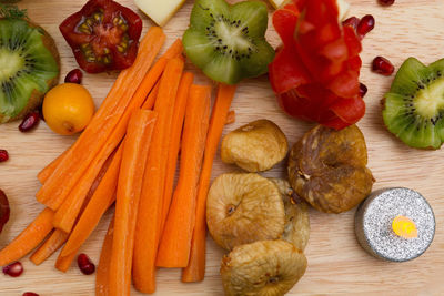 High angle view of chopped vegetables on cutting board