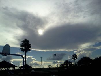 Low angle view of palm trees against cloudy sky