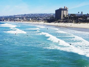 Panoramic view of beach and buildings against sky