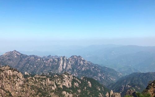 Scenic view of mountains against clear blue sky