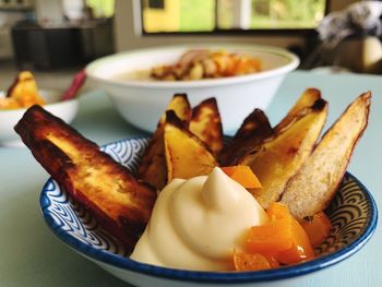 Close-up of breakfast served on table