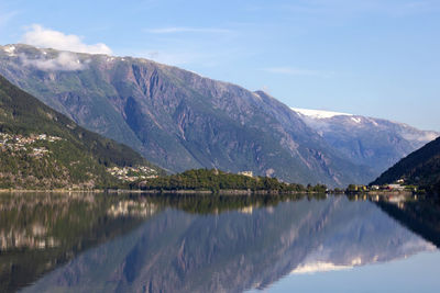 Scenic view of lake and mountains against sky