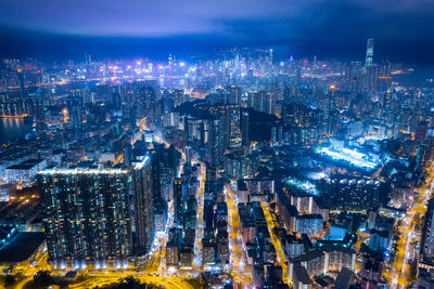 Aerial view of illuminated cityscape at night