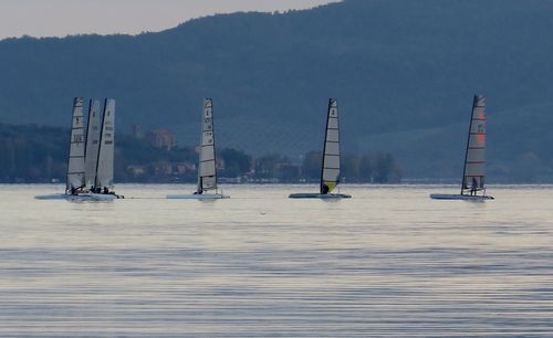 Sailboats sailing on sea against sky