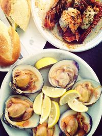 Close-up of seafood served on table