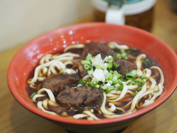 Close-up of soup in bowl on table