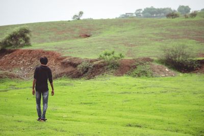 Rear view of man walking on field