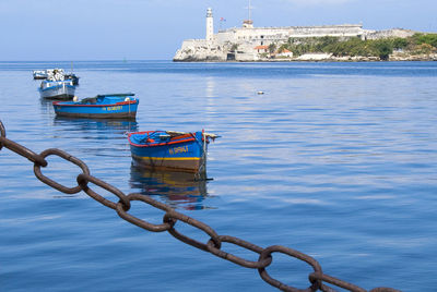 Boats moored in sea