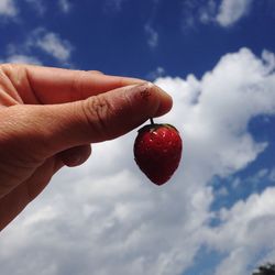 Cropped image of woman holding strawberry against sky