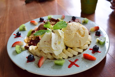 Close-up of ice cream in plate on table