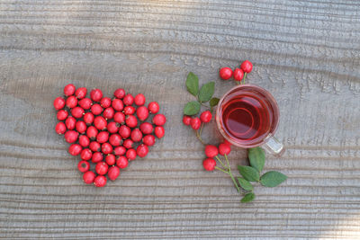 High angle view of strawberries on table