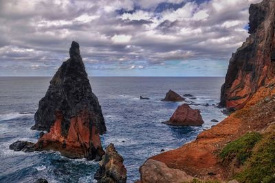 Rocks on sea shore against sky