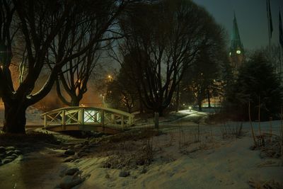 Bare trees on snow covered street against sky at night