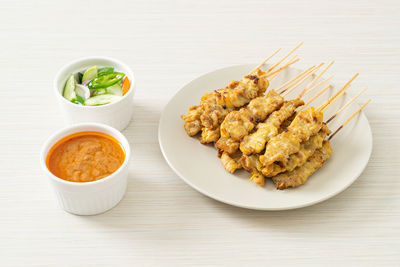 High angle view of food in plate on table