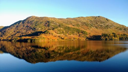 Scenic view of lake and mountains against clear blue sky