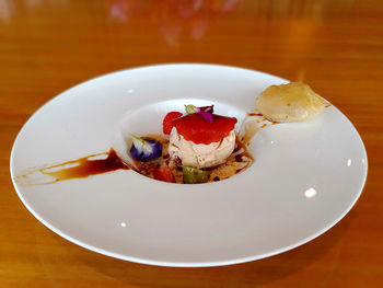 High angle shot of dessert on table