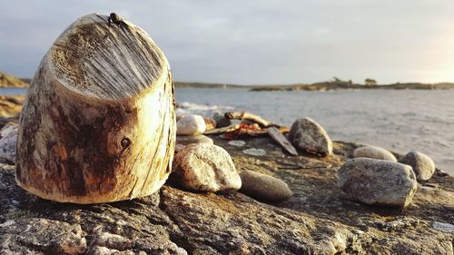 Close-up of rocks on beach against sky