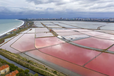 Aerial view of colorful salt pans near the sea. burgas, bulgaria