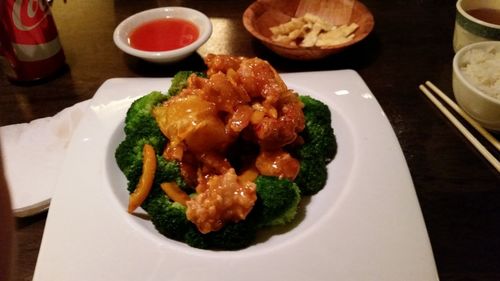 High angle view of food in plate on table