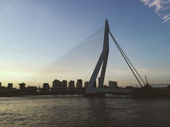 Low angle view of erasmus bridge over meuse river against sky