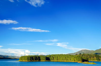 Scenic view of green island in lake against blue sky