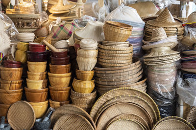 Full frame shot of wicker baskets for sale