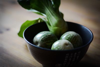 High angle view of fruits in bowl on table